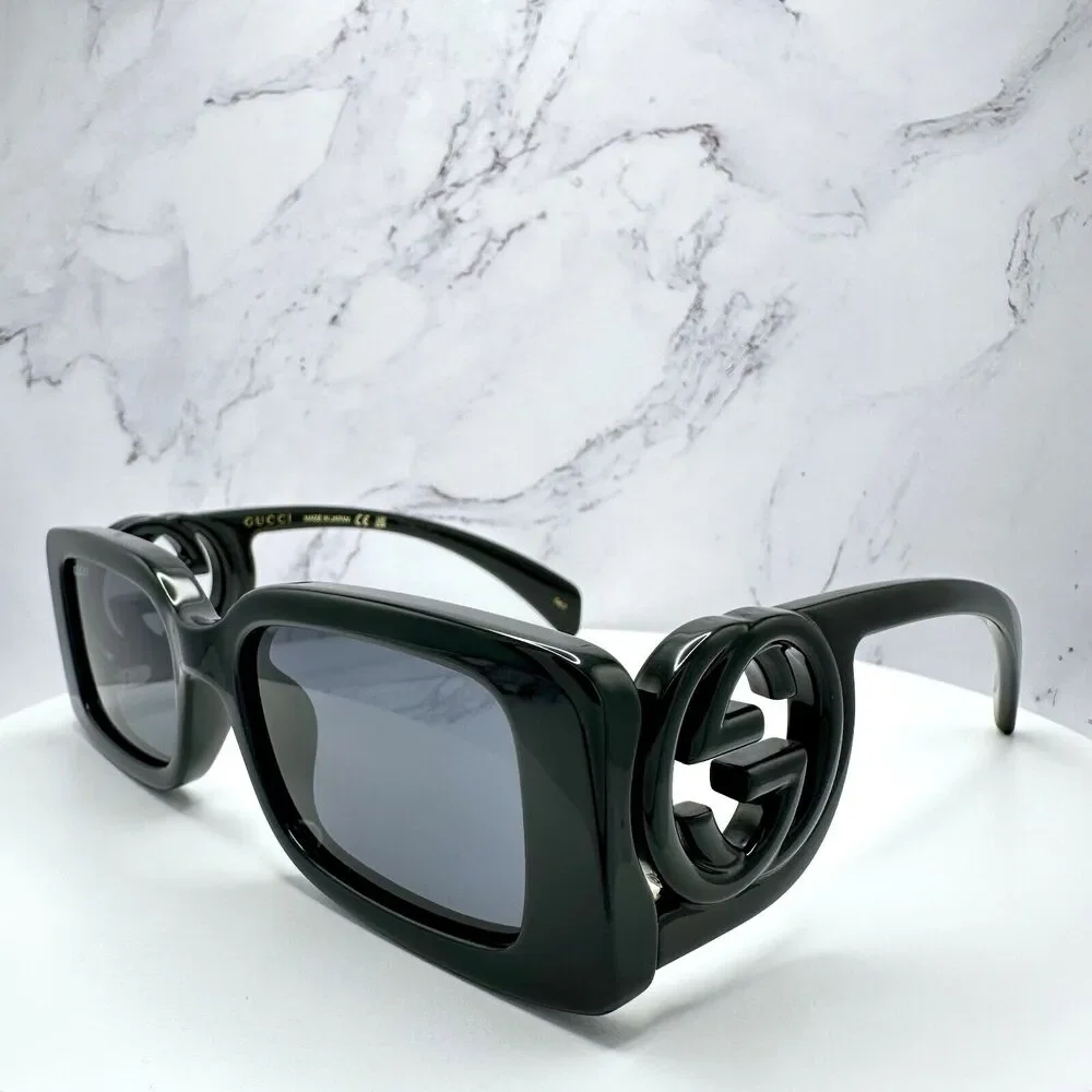 New Gucci Sunglasses Black Rectangle Square GG Logo Triple Black 54mm - Picture 3 of 16